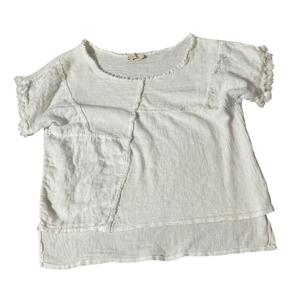JBL Monica Italian Linen Patchwork Top Womens OS White Boho Frayed Raw Hem Gauze